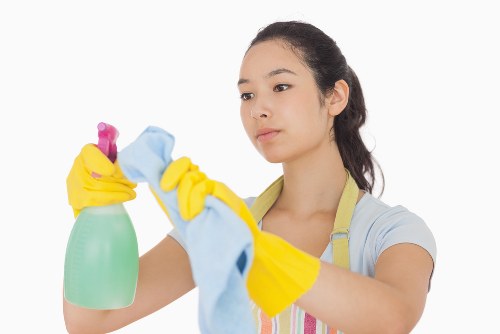 Cleaner with safety equipment preparing for a professional cleaning job