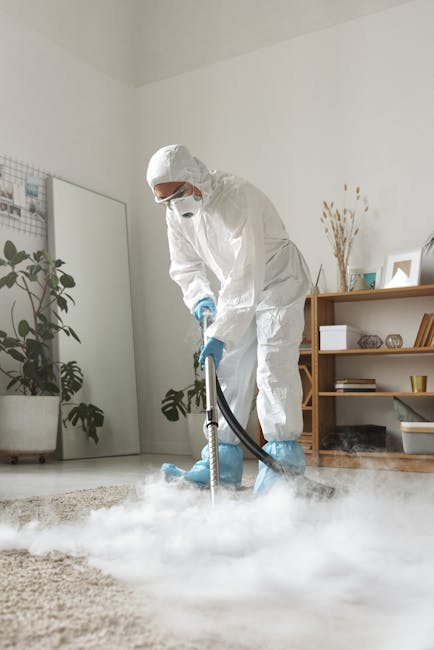 A professional cleaning technician in a white protective suit, face mask, and gloves, using a vacuum or steaming device to deep clean and sanitise a beige carpet in a bright, modern living room. The room features white walls, a wooden side table with decorative items, large green potted plants, and natural light coming through a window, highlighting the cleanliness and shine of the carpet. This scene exemplifies surface cleaning and deep cleaning services offered by Ilford Cleaner, demonstrating thorough domestic cleaning processes in a residential setting.
